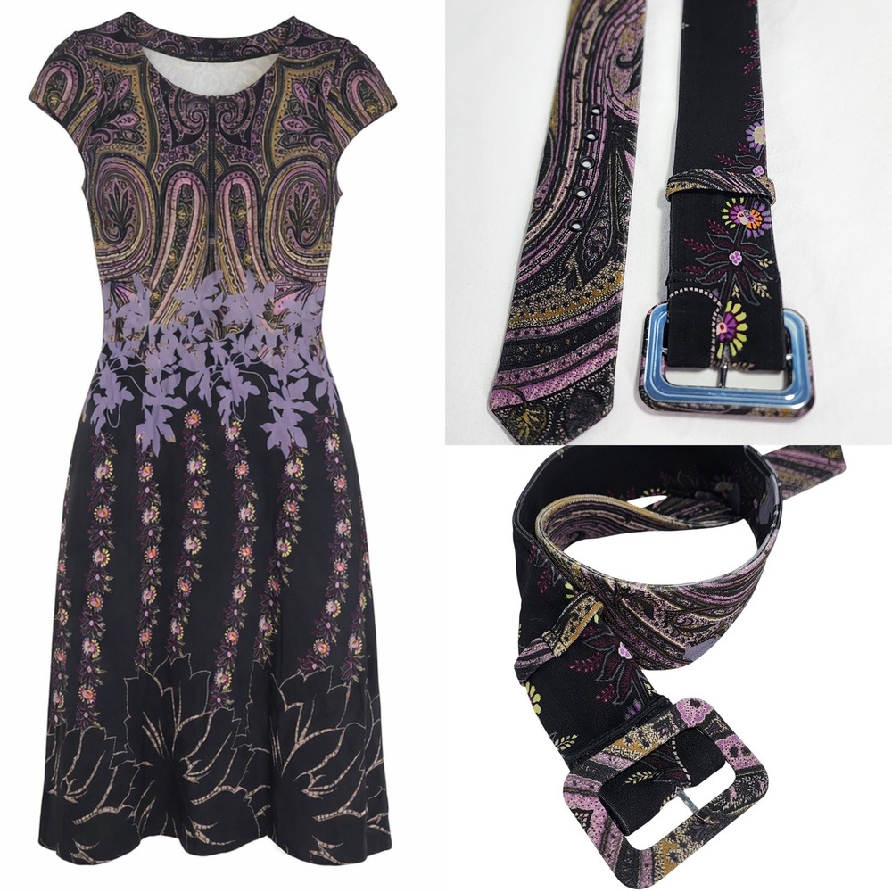 Etro Paisley Floral Sheath Dress Womens 4/40 Stretch Italian Designer Boho Belt